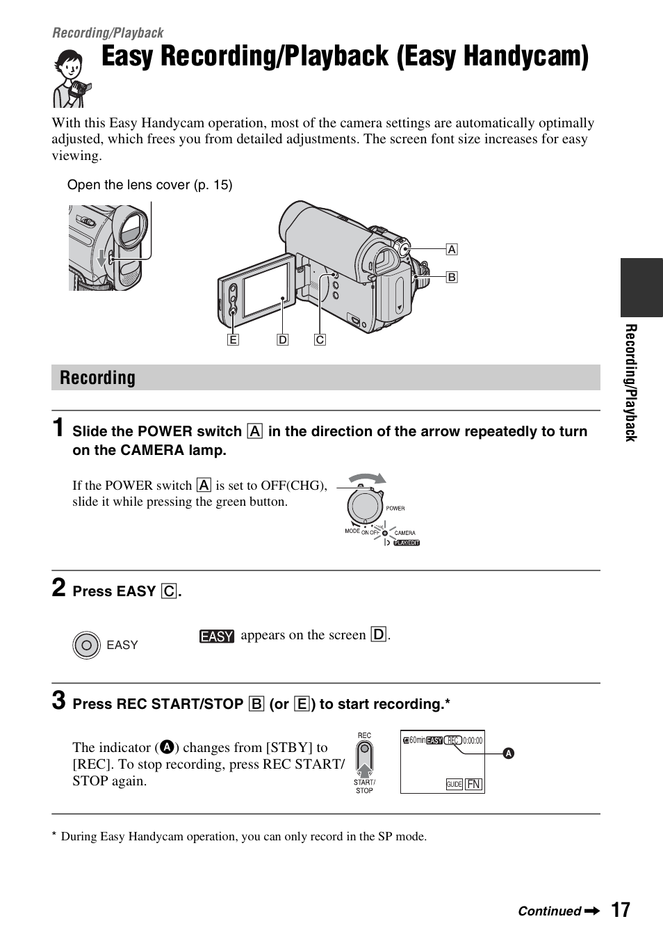 Recording/playback, Easy recording/playback (easy handycam), Recording | Playback, Easy recording/playback, Easy handycam) | Sony DCR-HC38 User Manual | Page 17 / 84