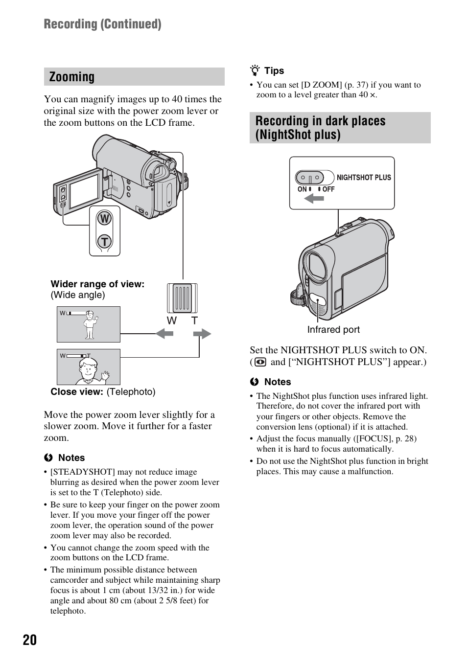 Zooming, Recording in dark places (nightshot plus), 20 recording in dark places | Nightshot plus), Recording (continued) | Sony DCR-HC38 User Manual | Page 20 / 84