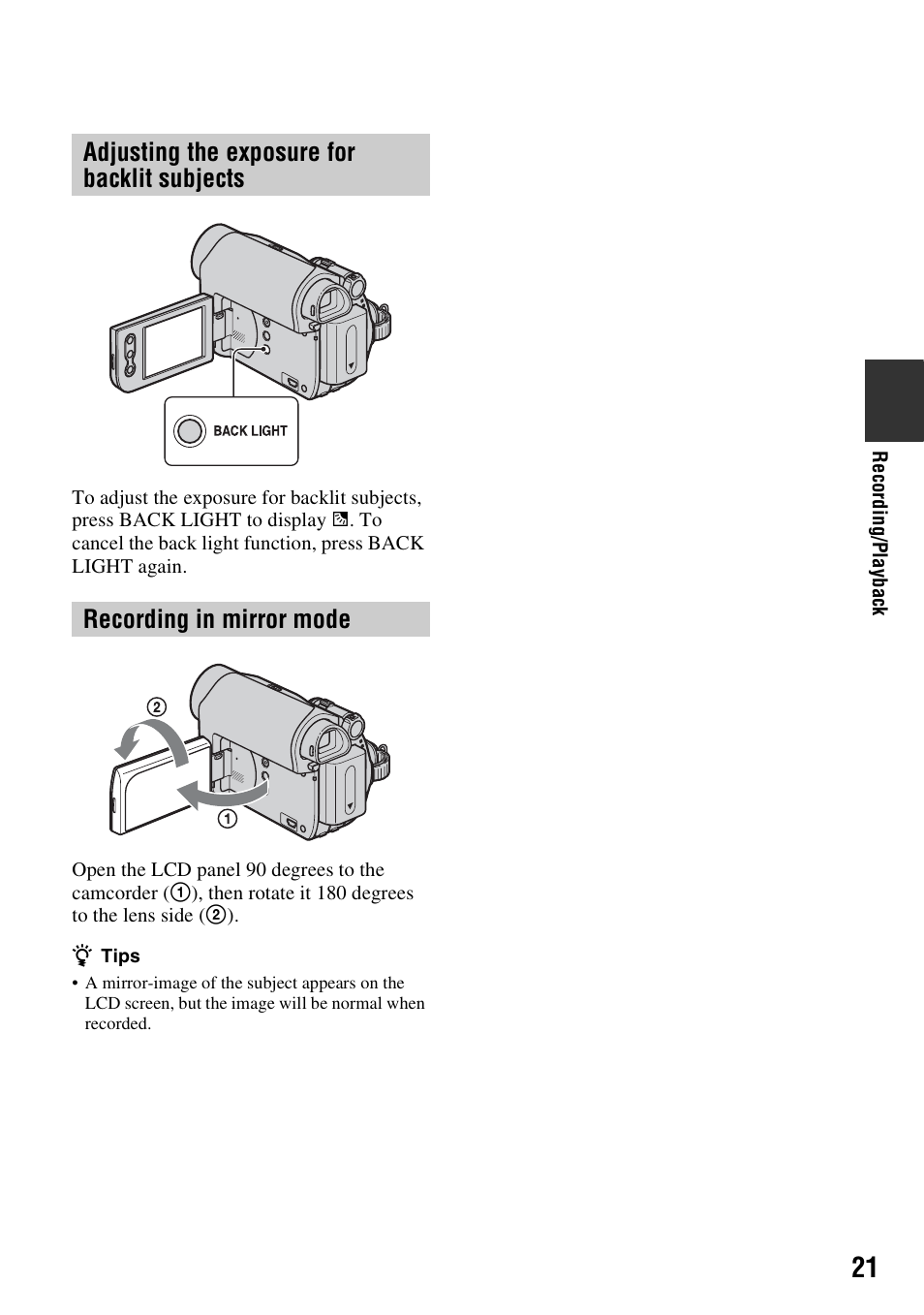 Adjusting the exposure for backlit subjects, Recording in mirror mode, Adjusting the exposure for backlit | Subjects, P. 21) i | Sony DCR-HC38 User Manual | Page 21 / 84