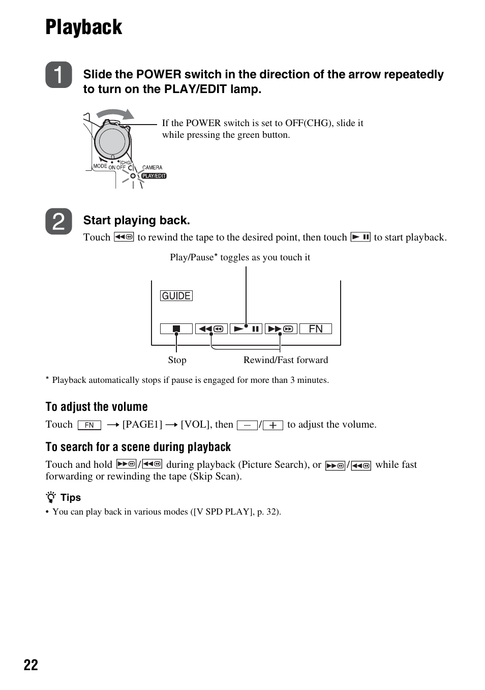 Playback | Sony DCR-HC38 User Manual | Page 22 / 84