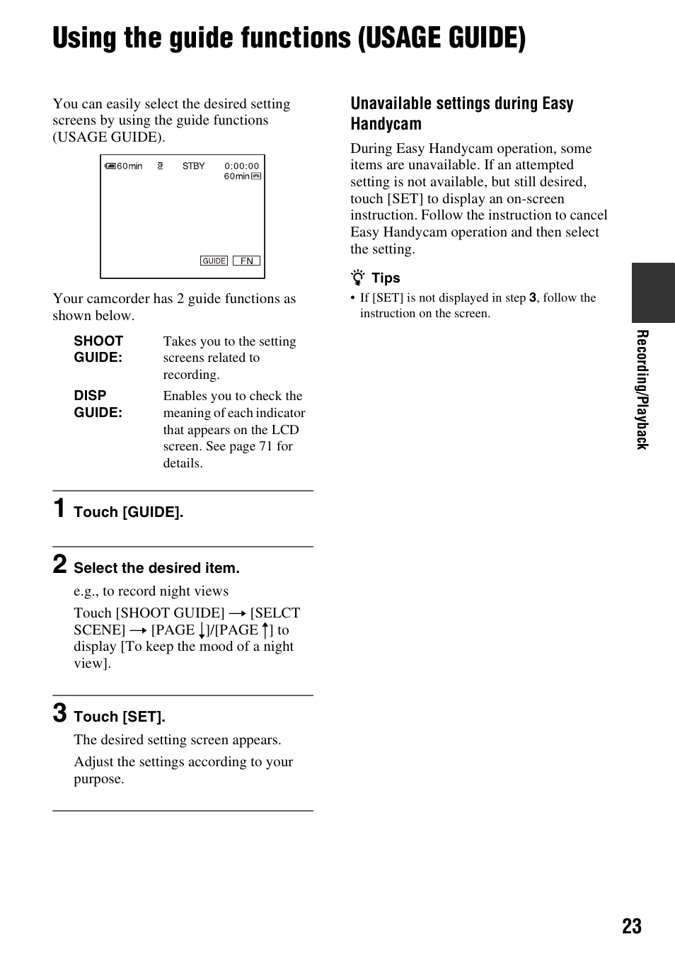 Using the guide functions (usage guide), Using the guide functions, Usage guide) | Guide (p. 23 | Sony DCR-HC38 User Manual | Page 23 / 84
