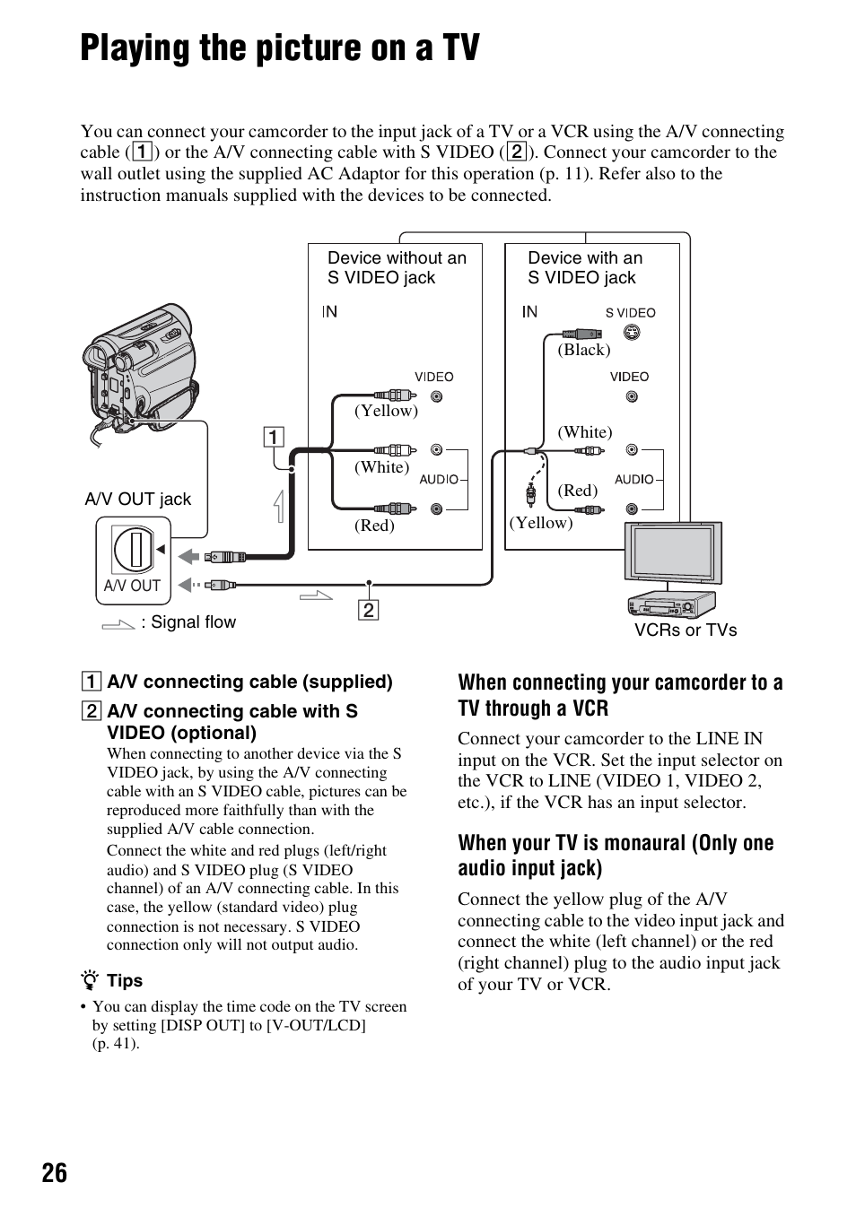 Playing the picture on a tv, P. 26 | Sony DCR-HC38 User Manual | Page 26 / 84