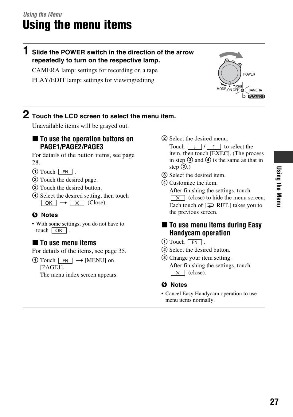 Using the menu, Using the menu items, P. 27) | Sony DCR-HC38 User Manual | Page 27 / 84