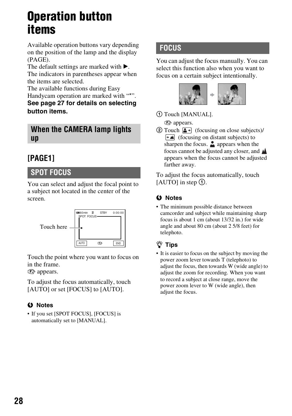 Operation button items, Page1, When the camera lamp lights up | Spot focus, Focus | Sony DCR-HC38 User Manual | Page 28 / 84