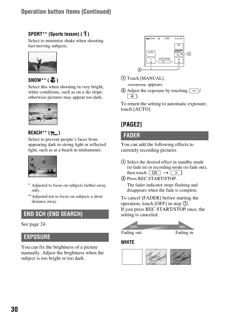 Page2, Operation button items (continued), End sch (end search) exposure fader | Sony DCR-HC38 User Manual | Page 30 / 84