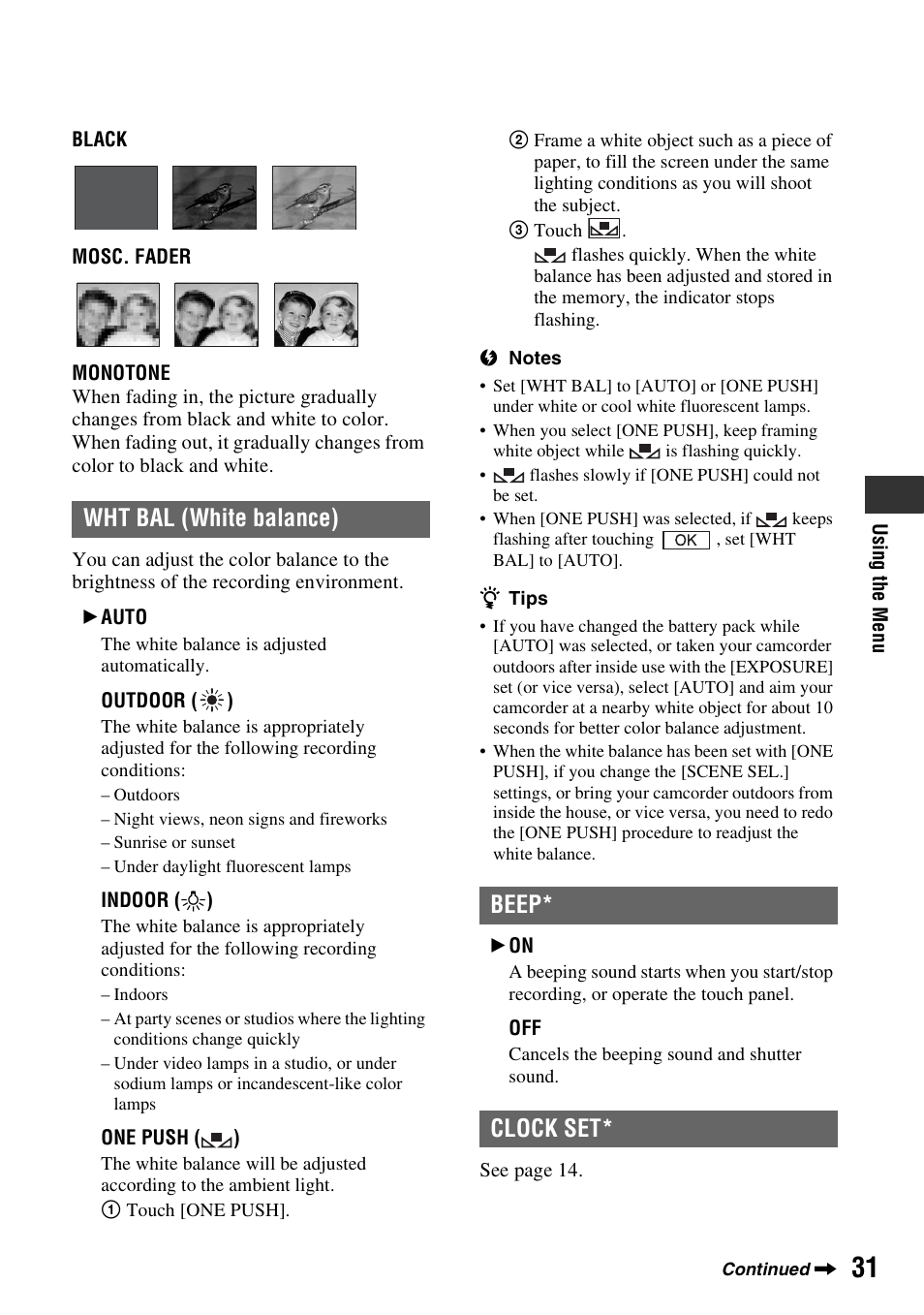 Wht bal (white balance) beep* clock set | Sony DCR-HC38 User Manual | Page 31 / 84