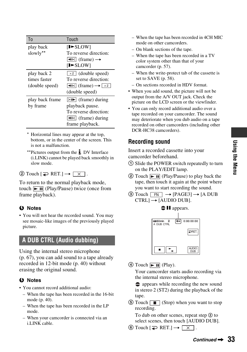 A dub ctrl (audio dubbing), Recording sound | Sony DCR-HC38 User Manual | Page 33 / 84