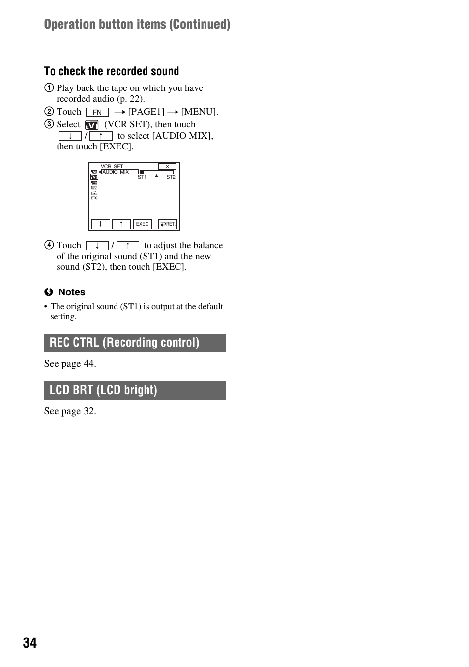 Operation button items (continued), Rec ctrl (recording control) lcd brt (lcd bright) | Sony DCR-HC38 User Manual | Page 34 / 84