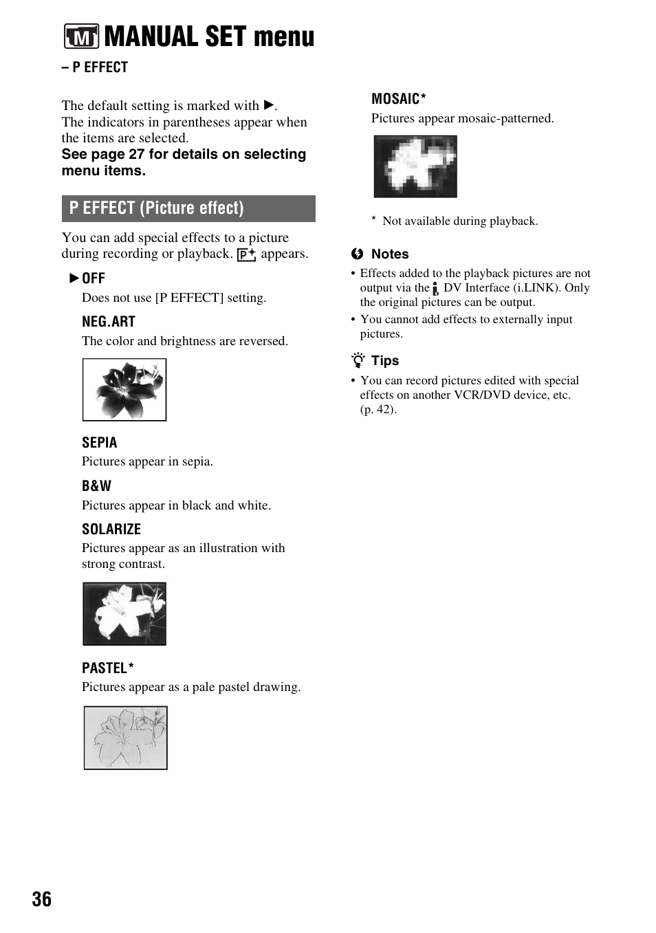 Manual set menu, P effect, P. 36) | P effect (picture effect) | Sony DCR-HC38 User Manual | Page 36 / 84