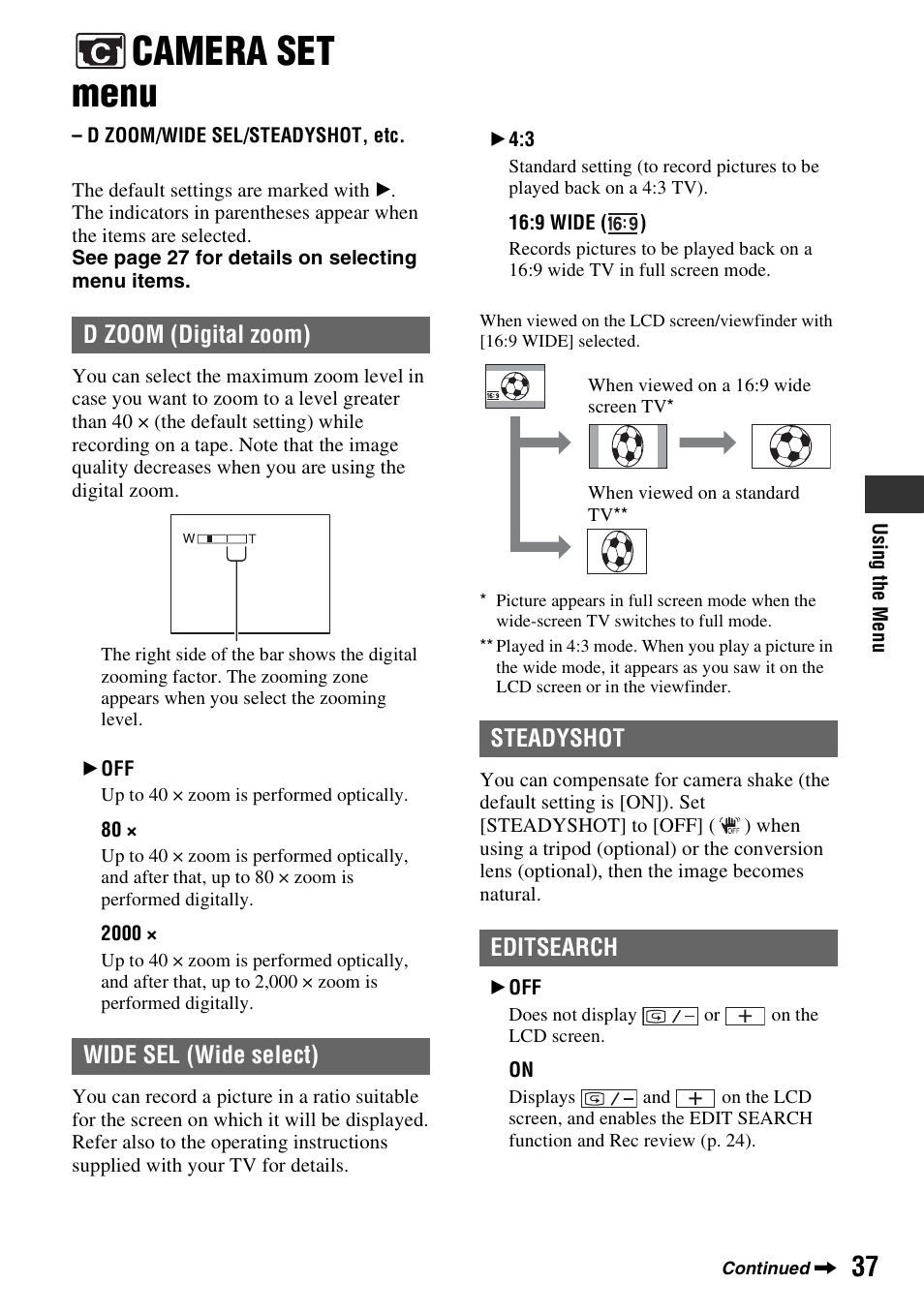 Camera set menu, D zoom/wide sel/steadyshot, etc, D zoom/wide sel | Steadyshot, etc, P. 37) | Sony DCR-HC38 User Manual | Page 37 / 84