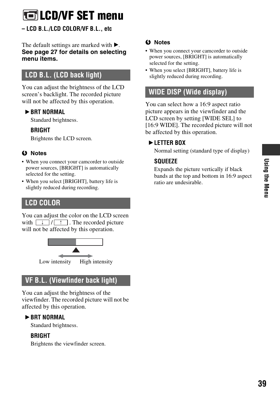 Lcd/vf set menu, Lcd b.l./lcd color/vf b.l., etc, P. 39 | Wide disp (wide display) | Sony DCR-HC38 User Manual | Page 39 / 84