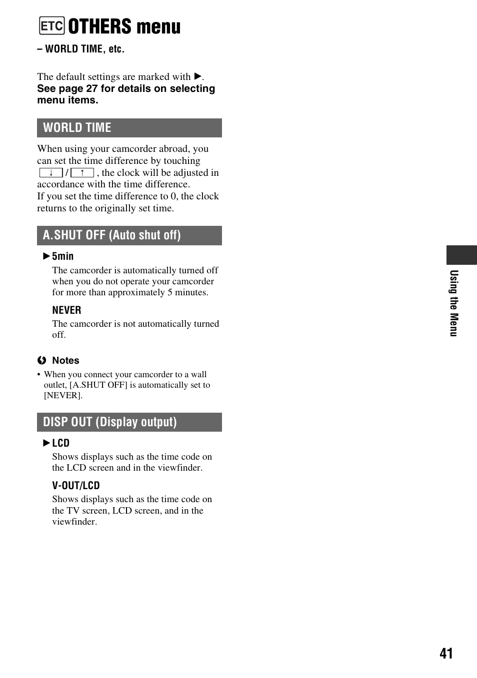 Others menu, World time, etc, P. 41) | Sony DCR-HC38 User Manual | Page 41 / 84