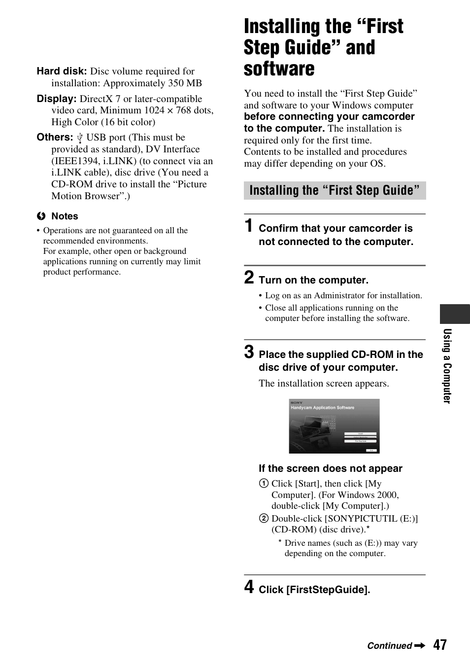 Installing the “first step guide” and software, Installing the “first step guide” and, Software | Installing the “first step guide | Sony DCR-HC38 User Manual | Page 47 / 84