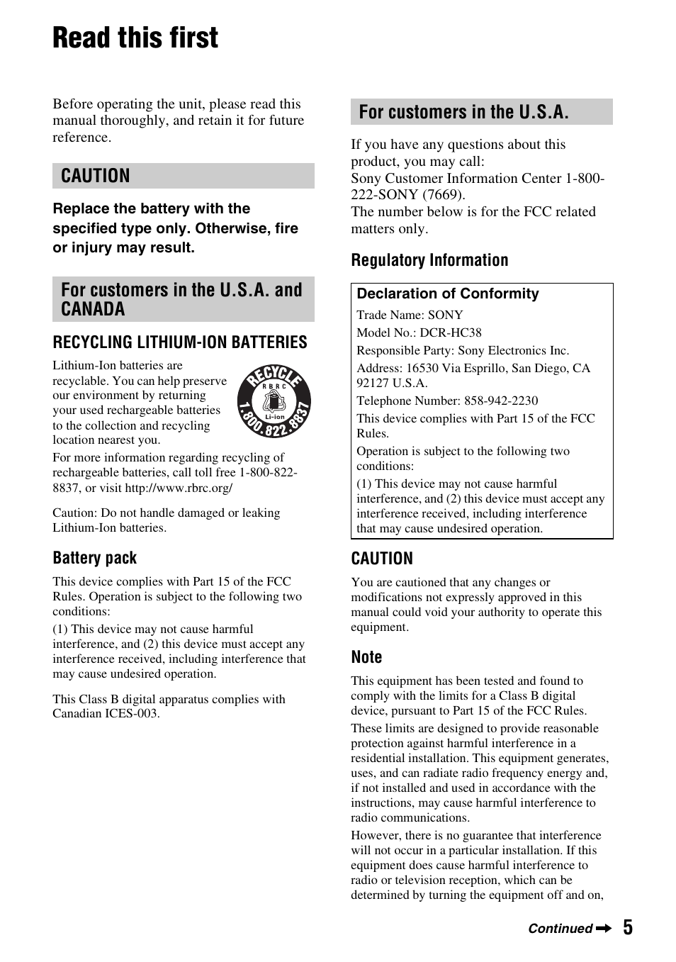 Read this first | Sony DCR-HC38 User Manual | Page 5 / 84