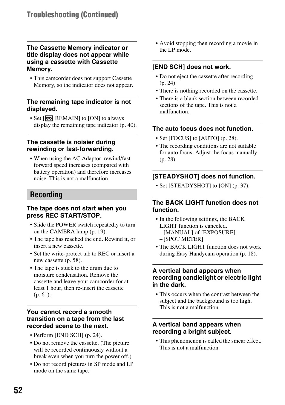 Recording troubleshooting (continued) | Sony DCR-HC38 User Manual | Page 52 / 84