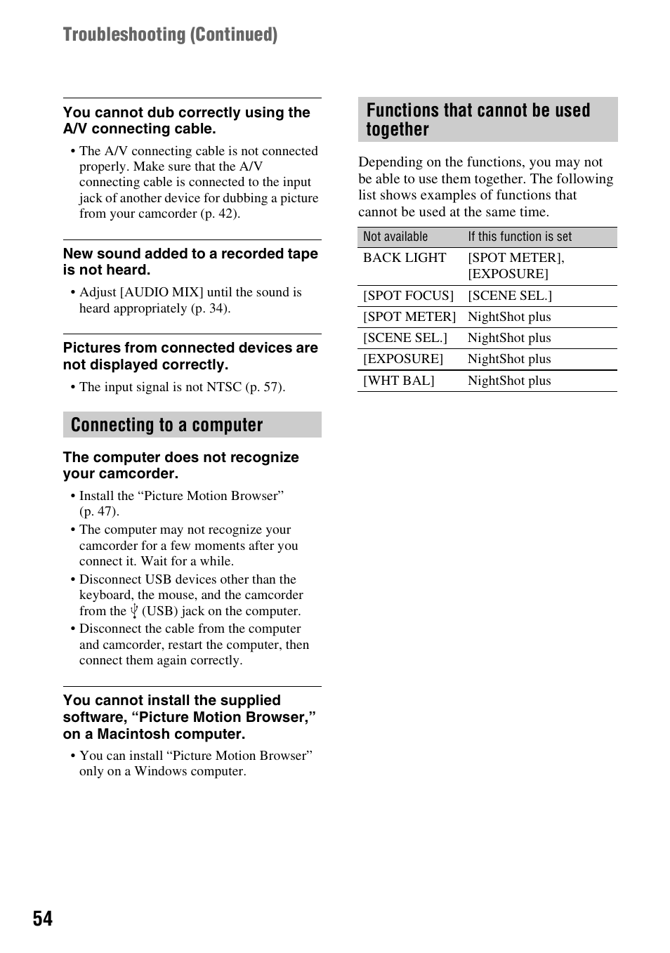 Troubleshooting (continued) | Sony DCR-HC38 User Manual | Page 54 / 84