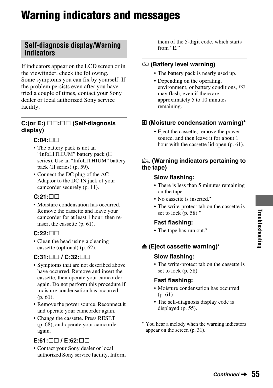 Warning indicators and messages, Self-diagnosis display/warning indicators | Sony DCR-HC38 User Manual | Page 55 / 84