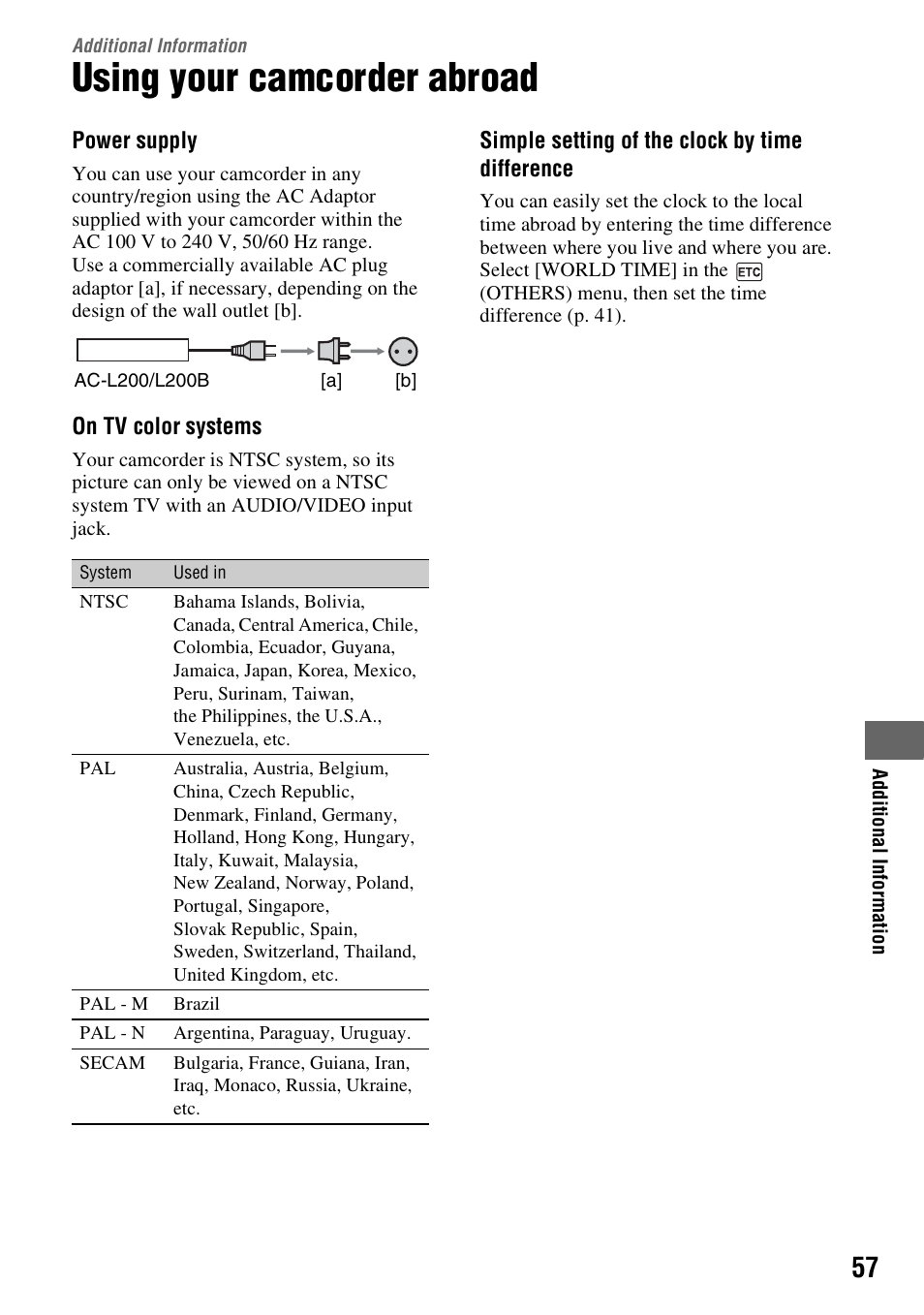 Additional information, Using your camcorder abroad, P. 57) | Sony DCR-HC38 User Manual | Page 57 / 84