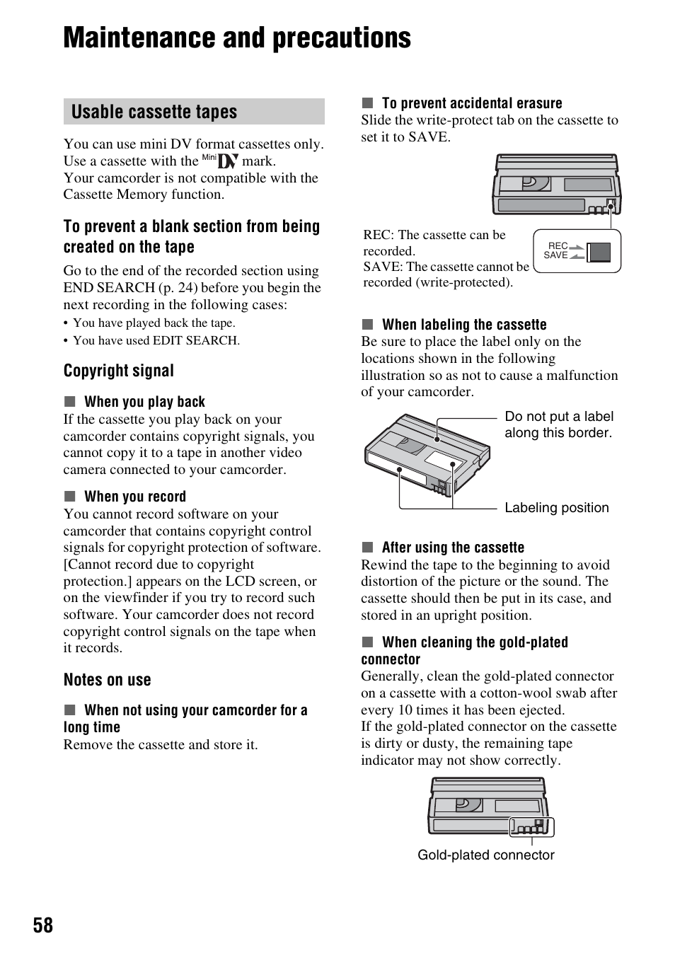 Maintenance and precautions, Usable cassette tapes, P. 58) | Sony DCR-HC38 User Manual | Page 58 / 84