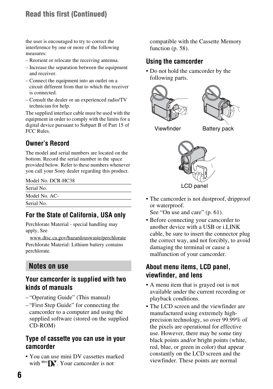 Read this first (continued) | Sony DCR-HC38 User Manual | Page 6 / 84