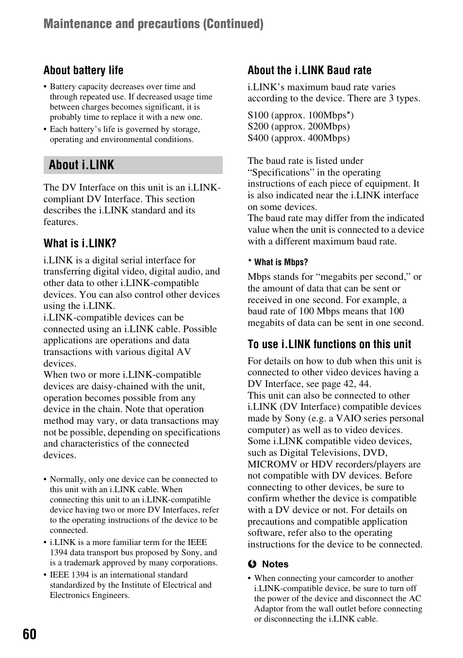 About i.link, Maintenance and precautions (continued) | Sony DCR-HC38 User Manual | Page 60 / 84