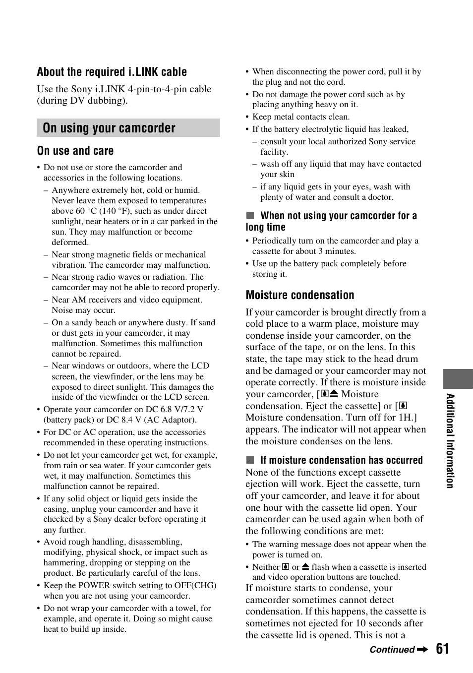 On using your camcorder, Er (p. 61, P. 61) | E (p. 61, P. 61, About the required i.link cable, On use and care, Moisture condensation | Sony DCR-HC38 User Manual | Page 61 / 84