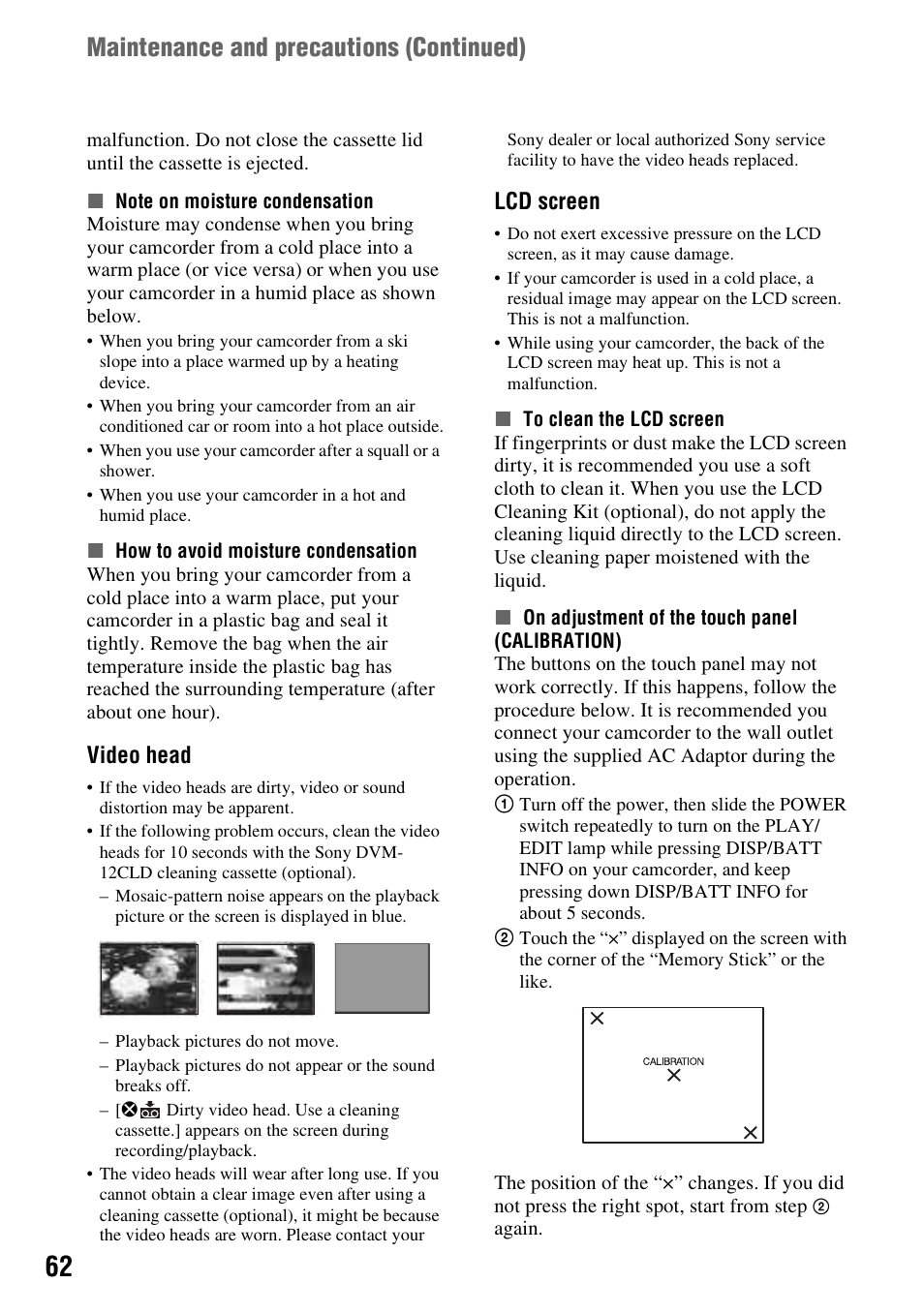 P. 62, P. 62), Maintenance and precautions (continued) | Video head, Lcd screen | Sony DCR-HC38 User Manual | Page 62 / 84