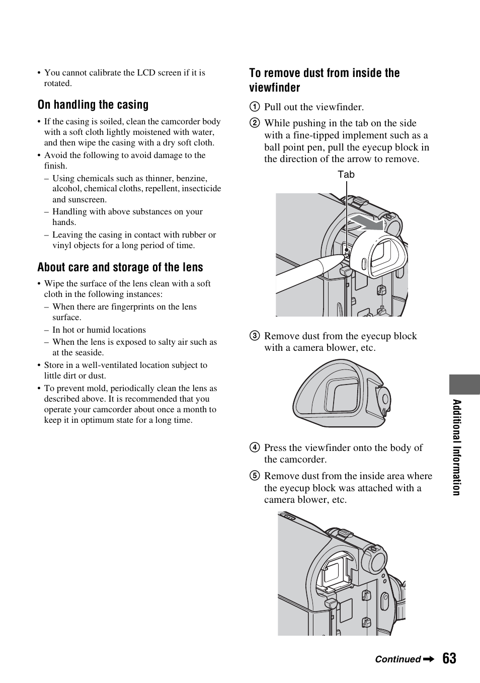 On handling the casing, About care and storage of the lens | Sony DCR-HC38 User Manual | Page 63 / 84