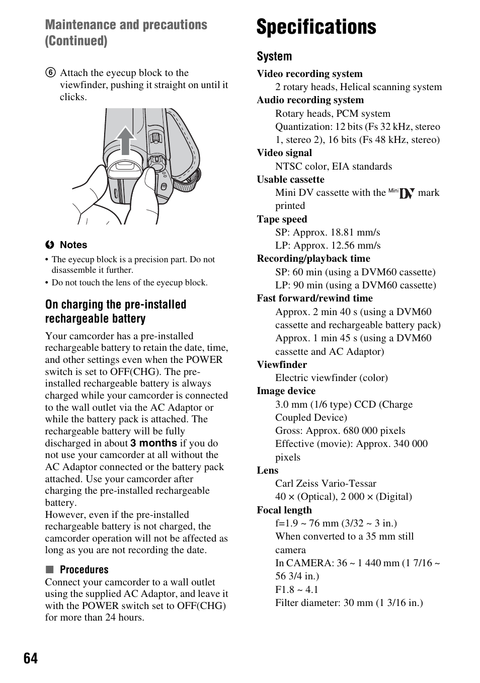 Specifications, N (p. 64), Maintenance and precautions (continued) | Sony DCR-HC38 User Manual | Page 64 / 84