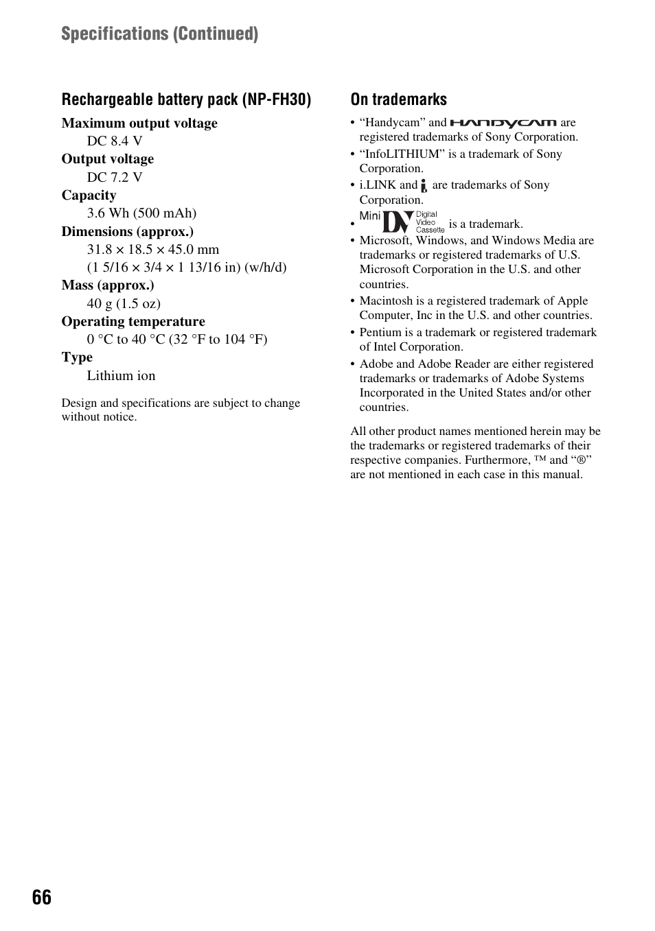 Specifications (continued), Rechargeable battery pack (np-fh30), On trademarks | Sony DCR-HC38 User Manual | Page 66 / 84