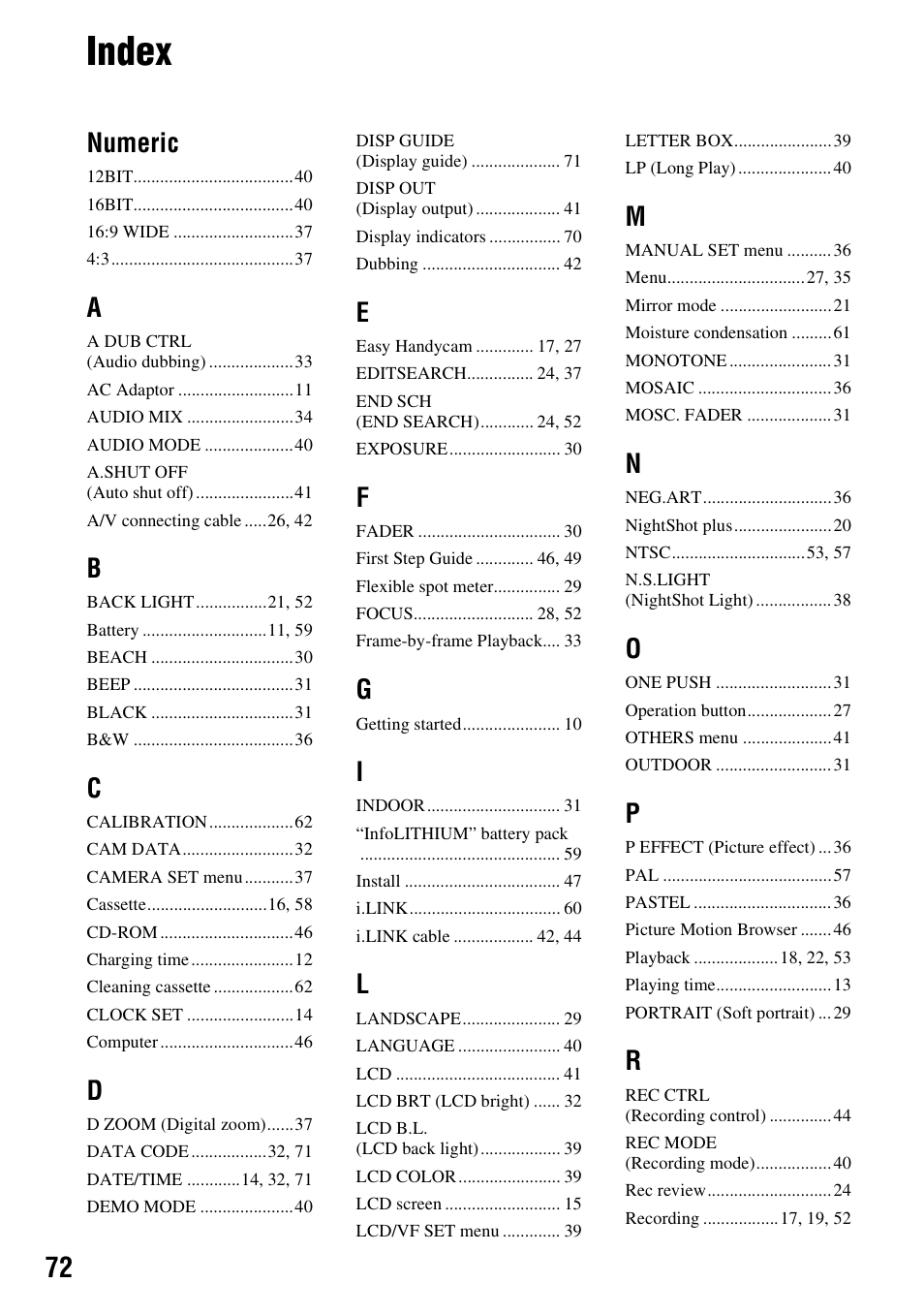 Index, Numeric | Sony DCR-HC38 User Manual | Page 72 / 84