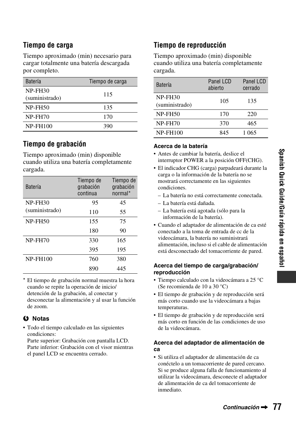 Tiempo de carga, Tiempo de grabación, Tiempo de reproducción | Sony DCR-HC38 User Manual | Page 77 / 84