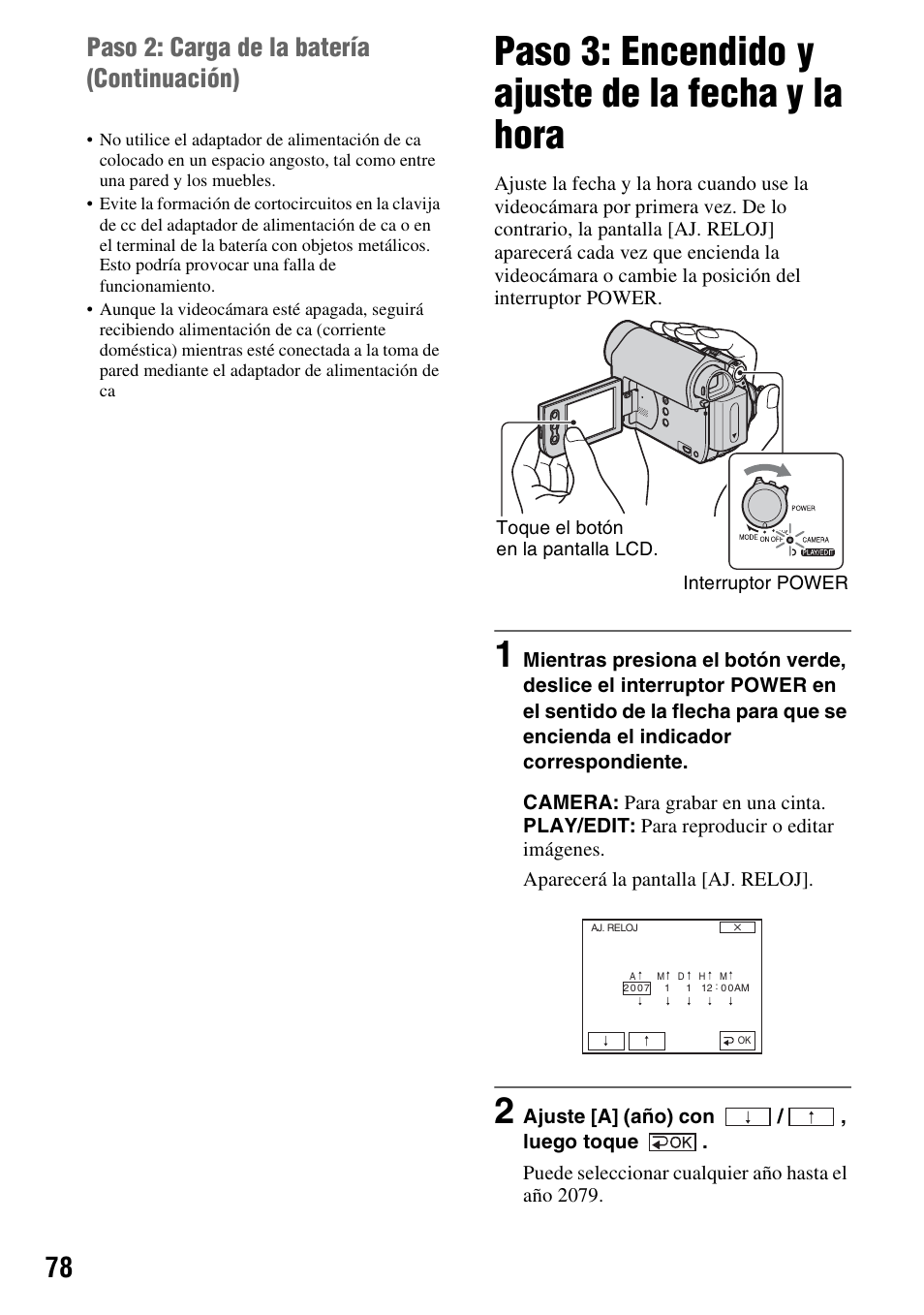 Paso 3: encendido y ajuste de la fecha y la hora, Paso 2: carga de la batería (continuación) | Sony DCR-HC38 User Manual | Page 78 / 84