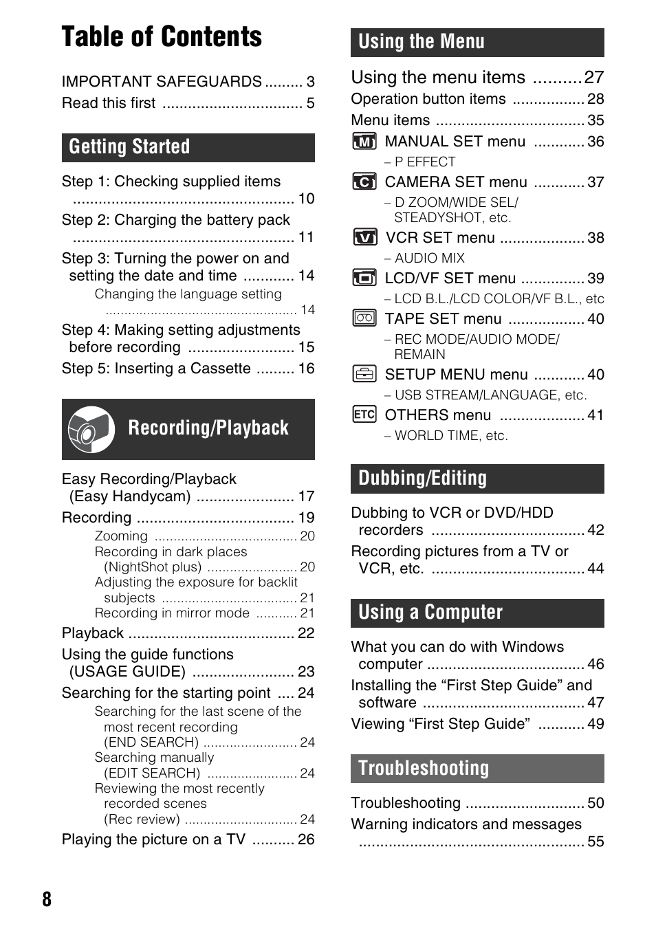 Sony DCR-HC38 User Manual | Page 8 / 84