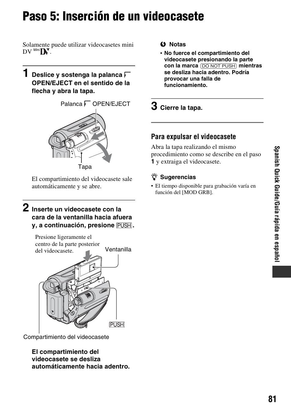 Paso 5: inserción de un videocasete | Sony DCR-HC38 User Manual | Page 81 / 84