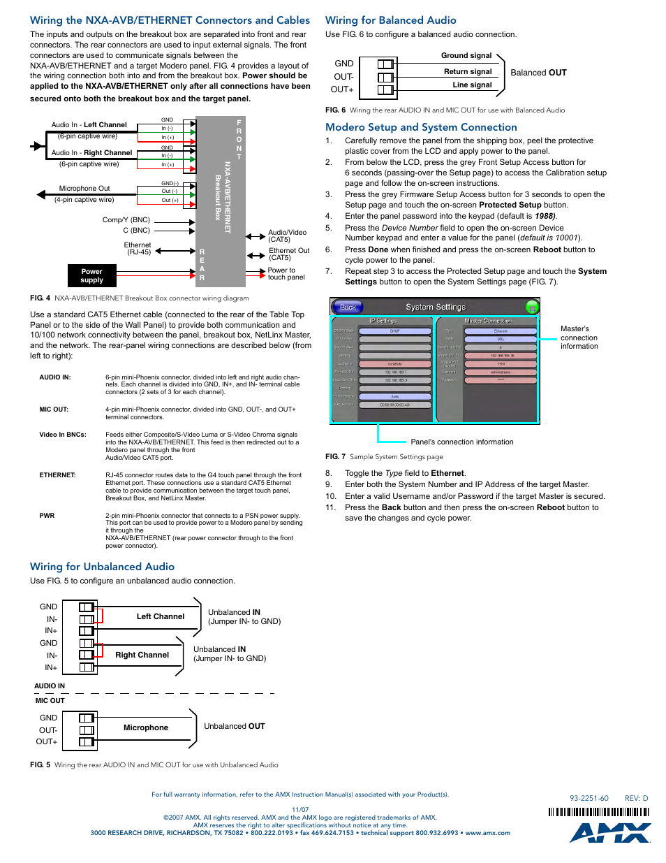 Wiring the nxa-avb/ethernet connectors and cables, Wiring for unbalanced audio, Wiring for balanced audio | Modero setup and system connection | AMX Modero Video Touch Panel (G4) NXT/NXD-1200V User Manual | Page 2 / 2