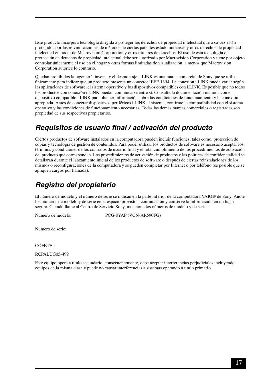 Registro del propietario | Sony VGN-AR570 User Manual | Page 17 / 24