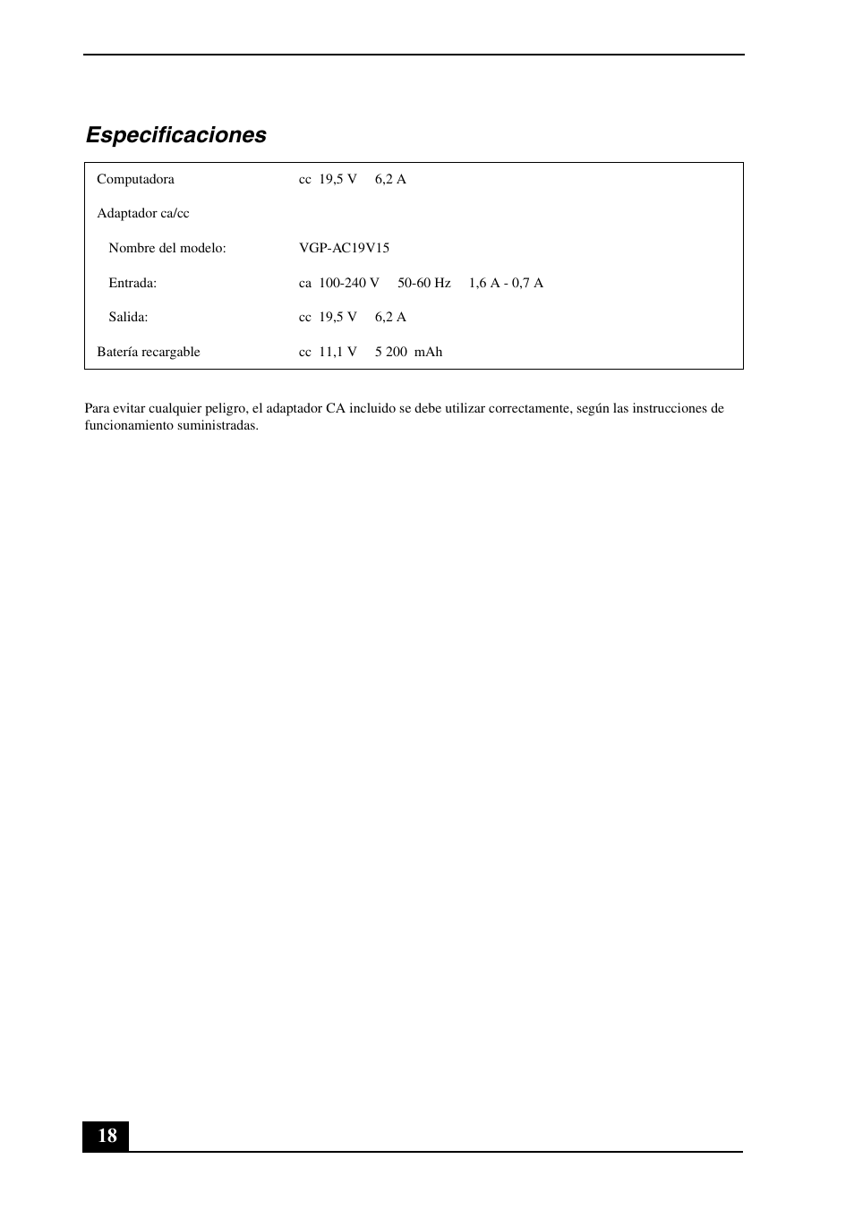 Especificaciones | Sony VGN-AR570 User Manual | Page 18 / 24