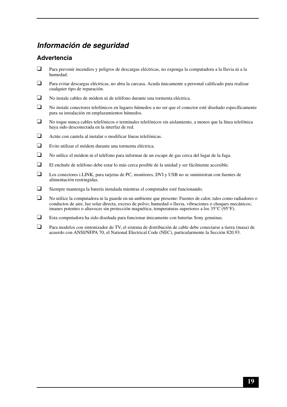 Información de seguridad | Sony VGN-AR570 User Manual | Page 19 / 24