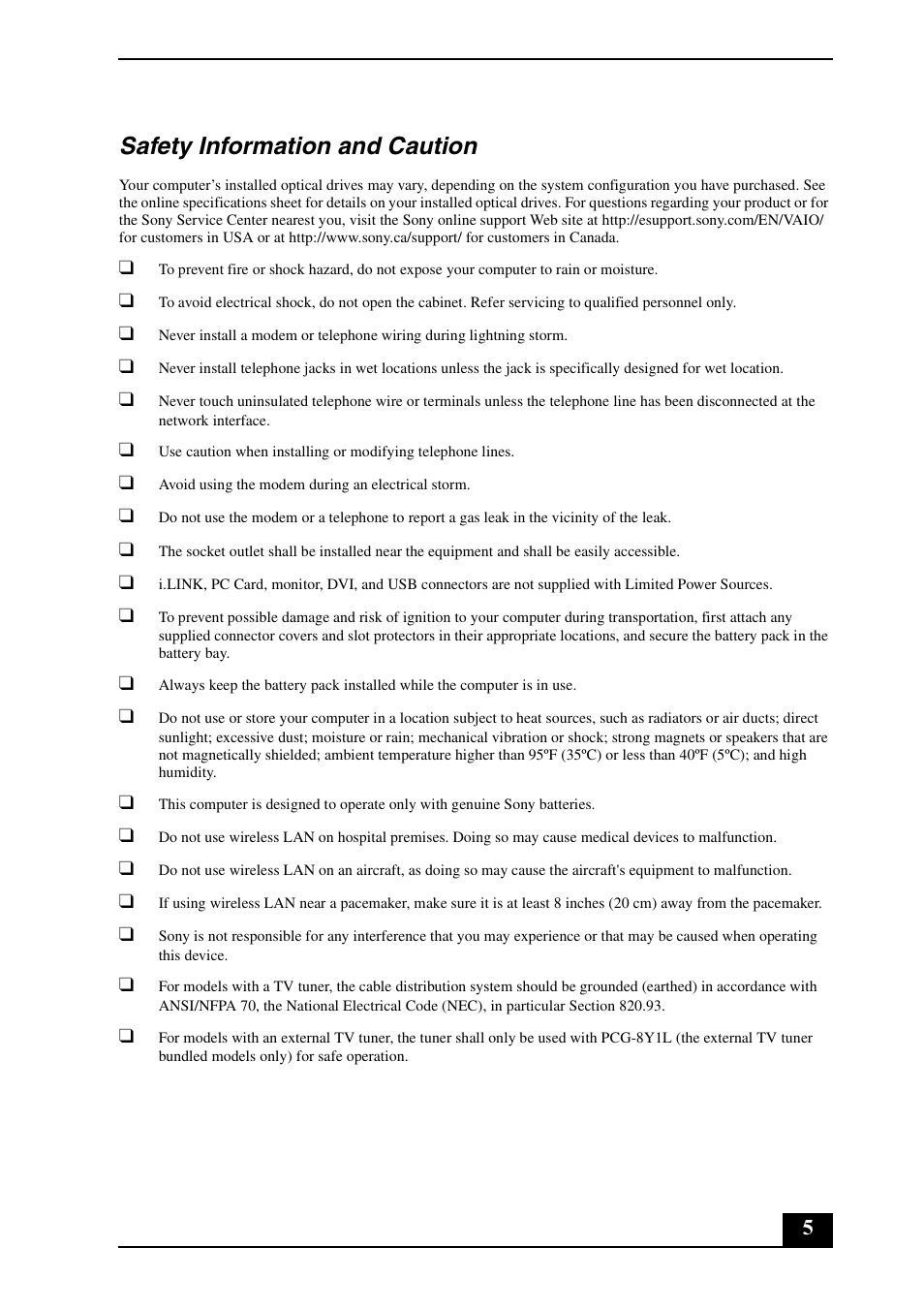 Safety information and caution | Sony VGN-AR570 User Manual | Page 5 / 24