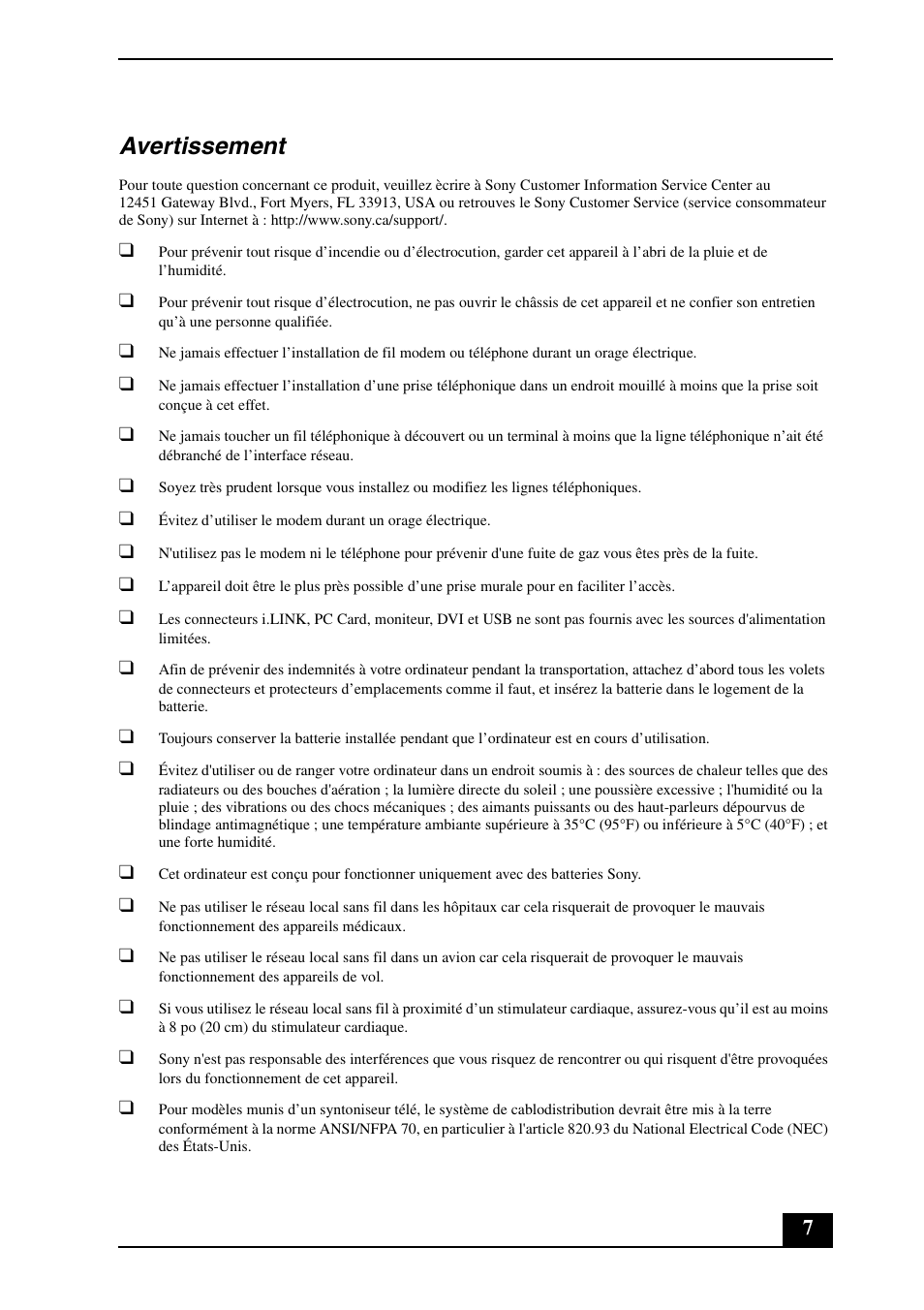 Avertissement | Sony VGN-AR570 User Manual | Page 7 / 24