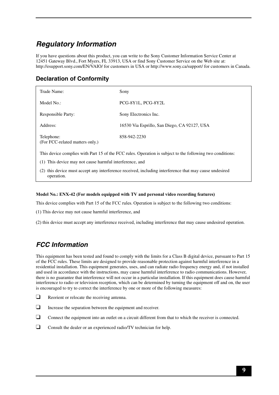 Regulatory information, Fcc information, Declaration of conformity | Sony VGN-AR570 User Manual | Page 9 / 24