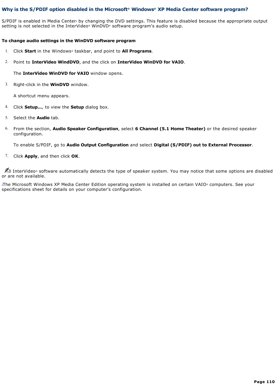 Why is the s/pdif option disabled in the microsoft, Windows, Xp media center software program | Sony VGC-RB64GY User Manual | Page 110 / 131