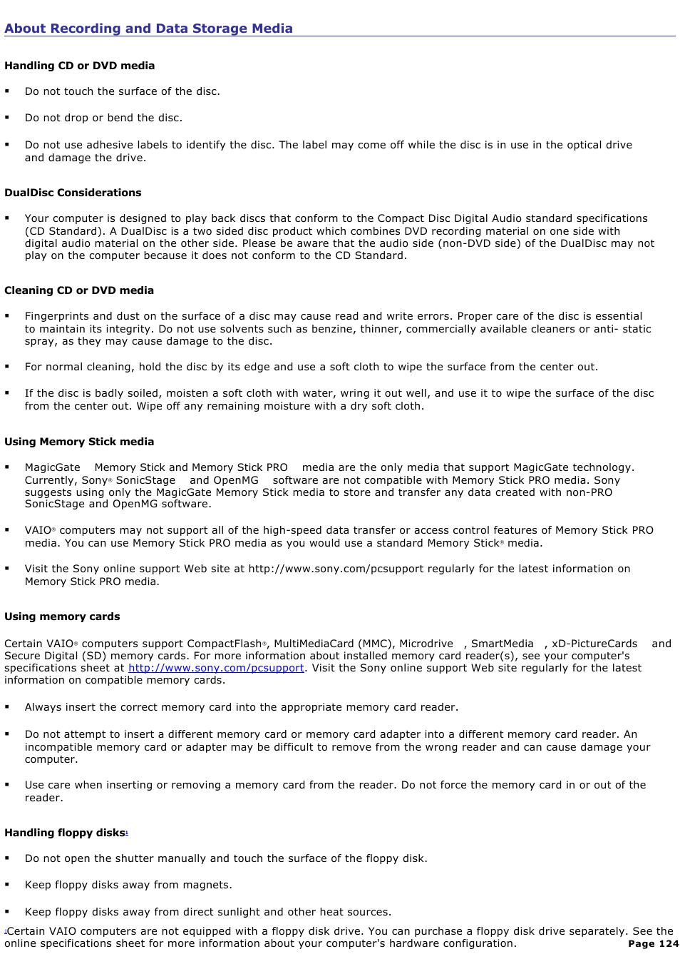 About recording and data storage media | Sony VGC-RB64GY User Manual | Page 124 / 131