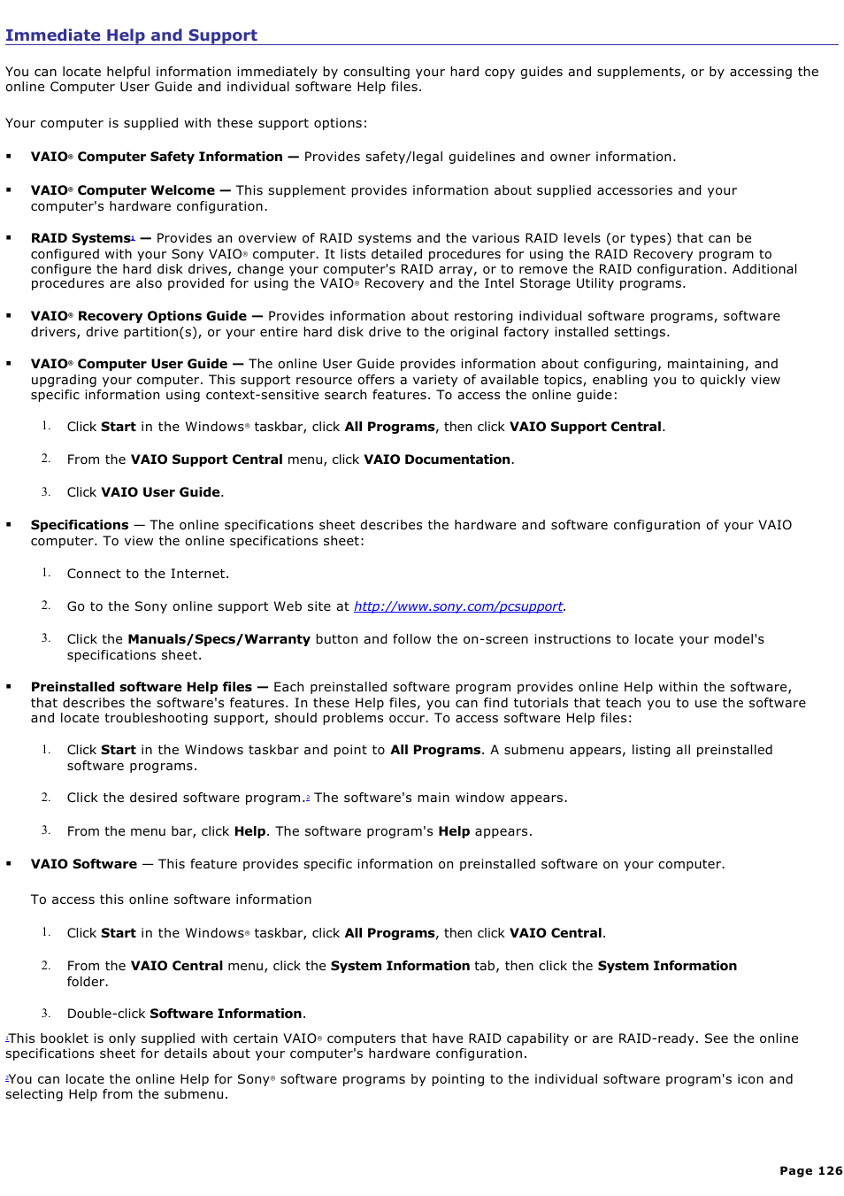 Immediate help and support | Sony VGC-RB64GY User Manual | Page 126 / 131
