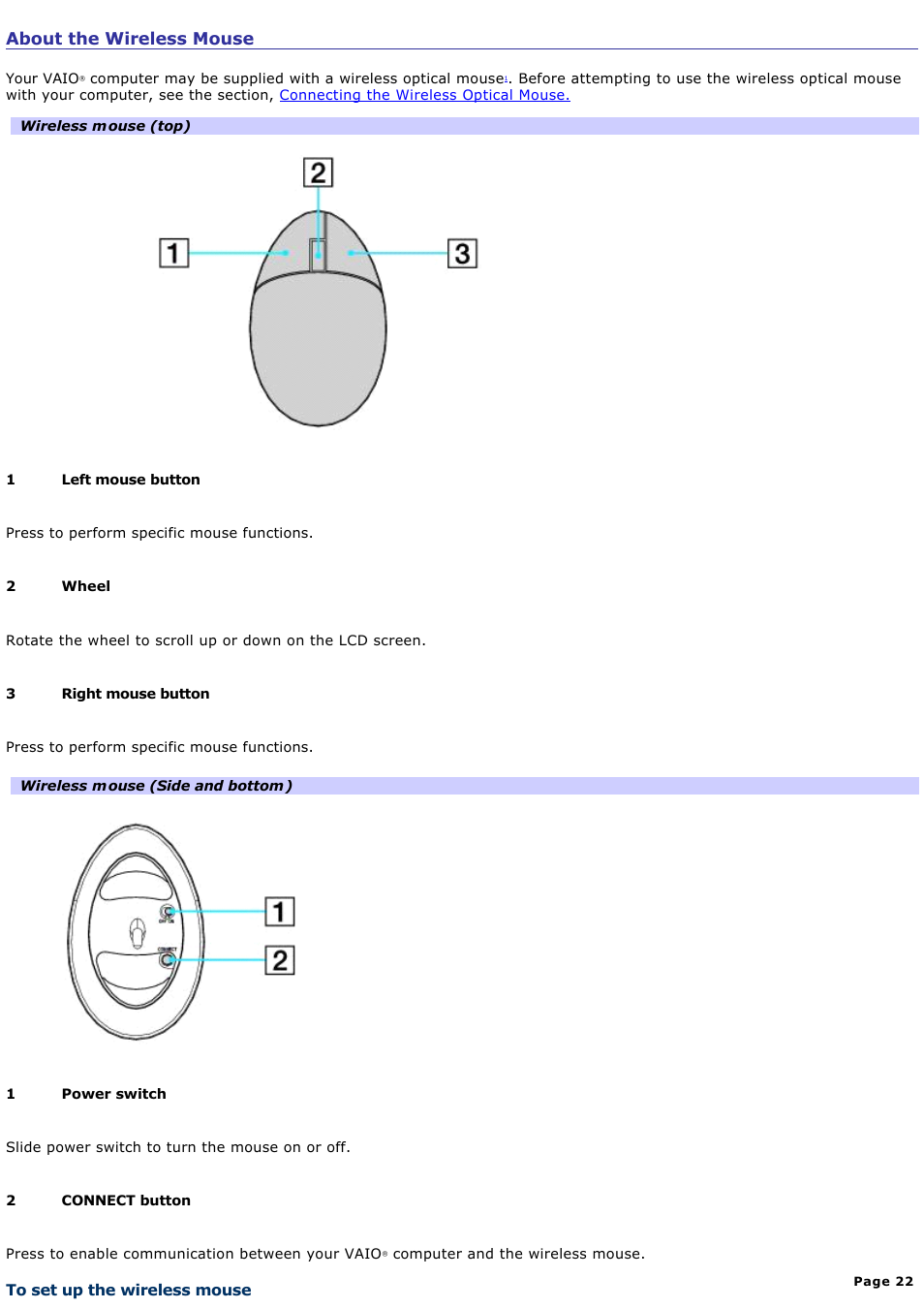 To set up the wireless mouse, About the wireless mouse | Sony VGC-RB64GY User Manual | Page 22 / 131