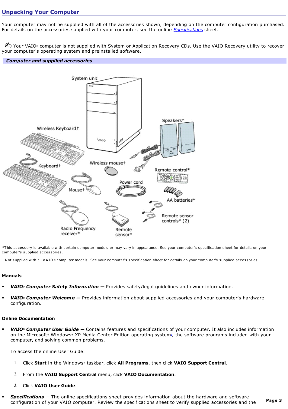 Unpacking your computer | Sony VGC-RB64GY User Manual | Page 3 / 131