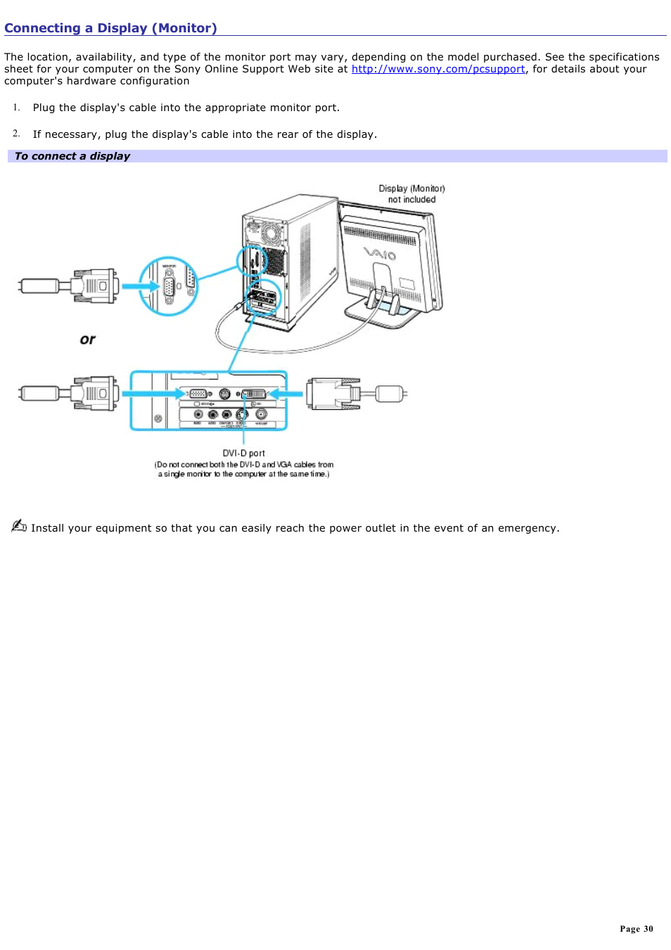 Connecting a display (monitor) | Sony VGC-RB64GY User Manual | Page 30 / 131