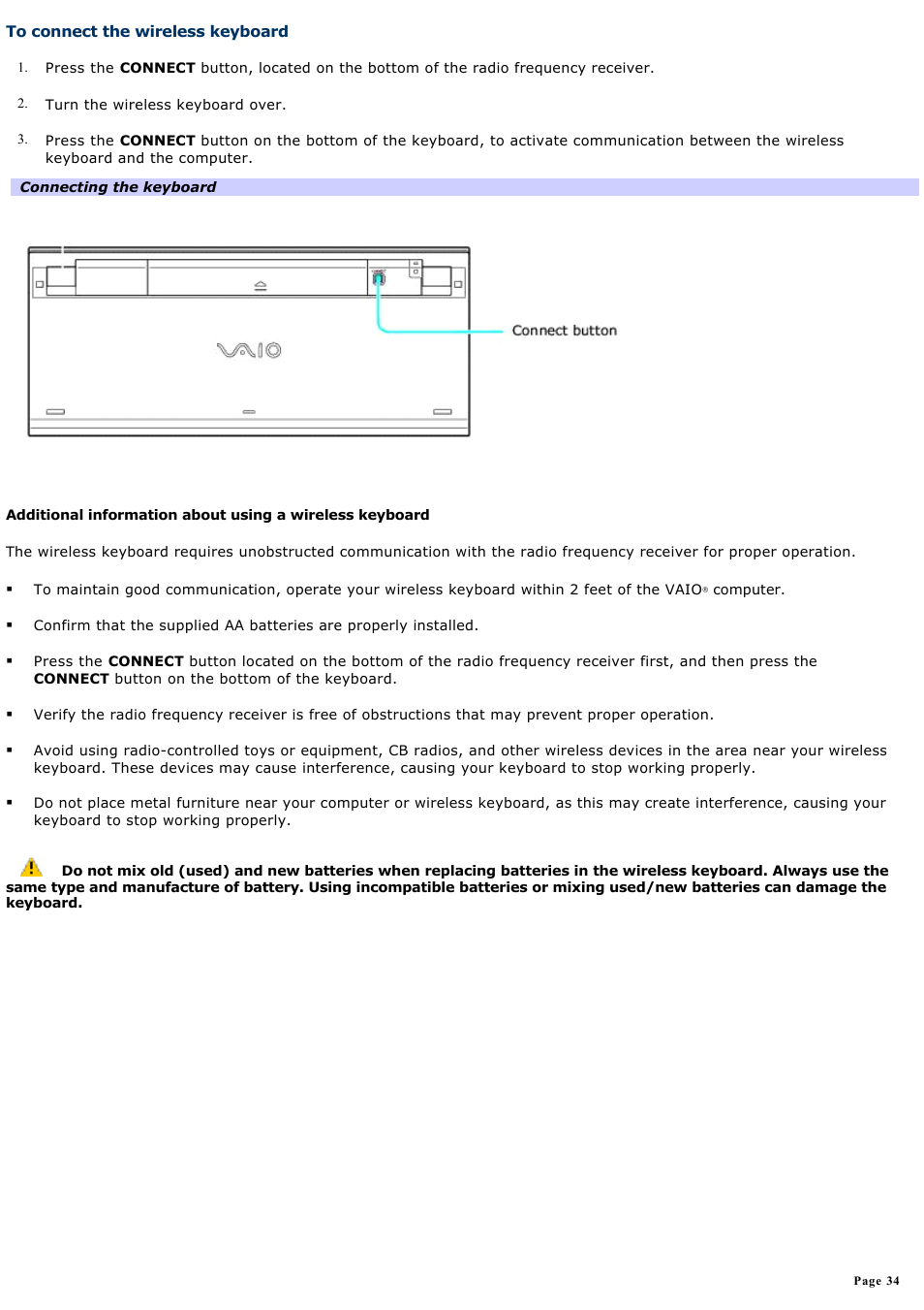 To connect the wireless keyboard | Sony VGC-RB64GY User Manual | Page 34 / 131