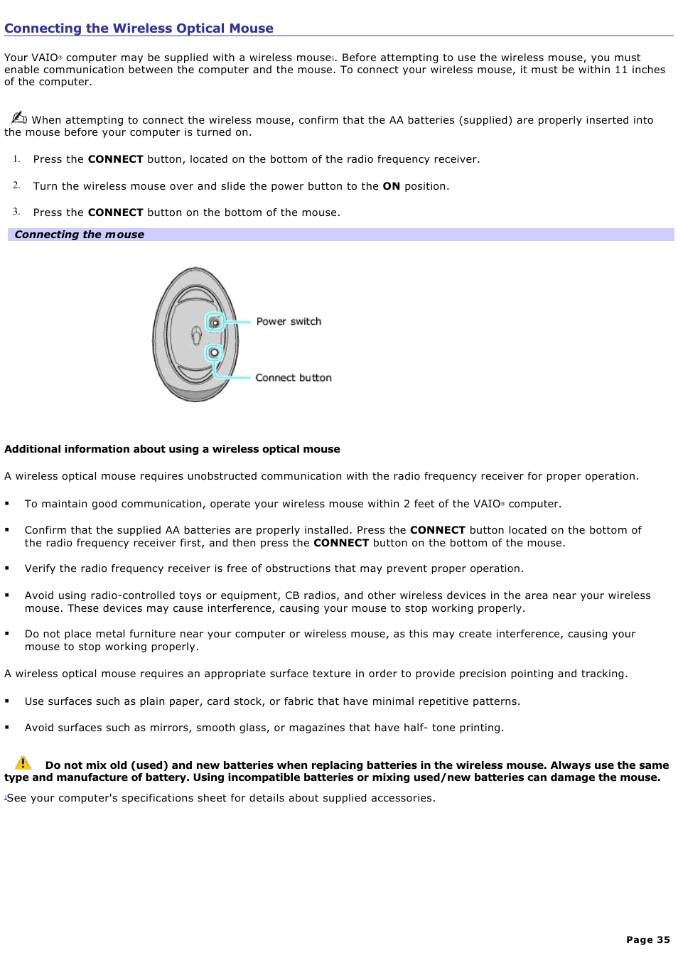 Connecting the wireless optical mouse | Sony VGC-RB64GY User Manual | Page 35 / 131